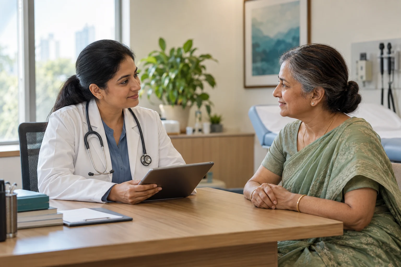 Illustrative consultation between a clinician and patient