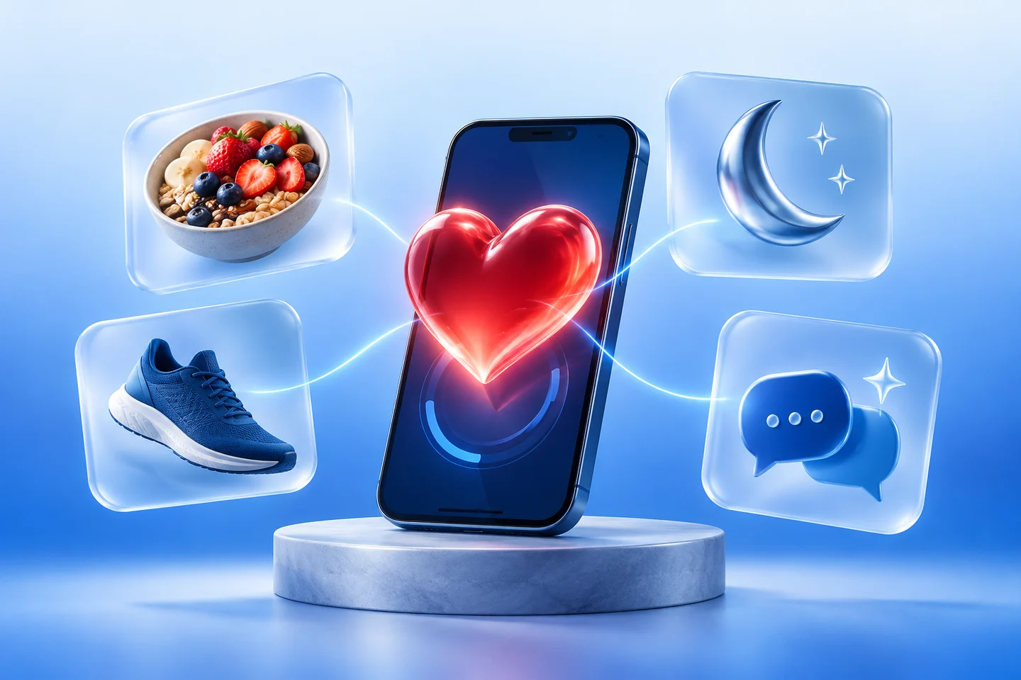 NivaCardio concept: a luminous heart and companion phone connected to food, movement, rest, and conversation.