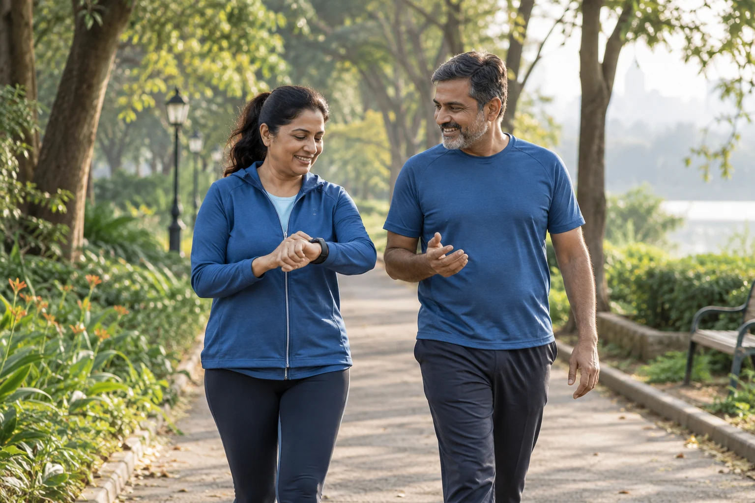 Illustrative scene of two people walking outdoors and checking a smartwatch, reflecting everyday preventive wellbeing